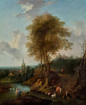 Landschaft mit drei Baumen und Kirche Oil painting by Christian Hilfgott Brand
