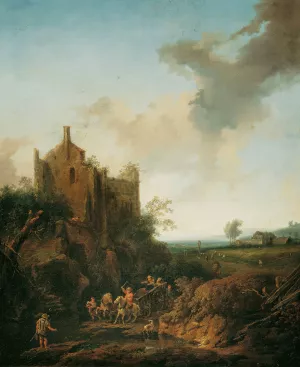Landschaft mit Schlossruine und Pferdewagen Oil painting by Christian Hilfgott Brand