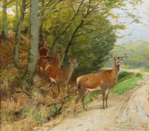 Pack of Red Deer Crossing a Track by Christian Kroner Oil Painting