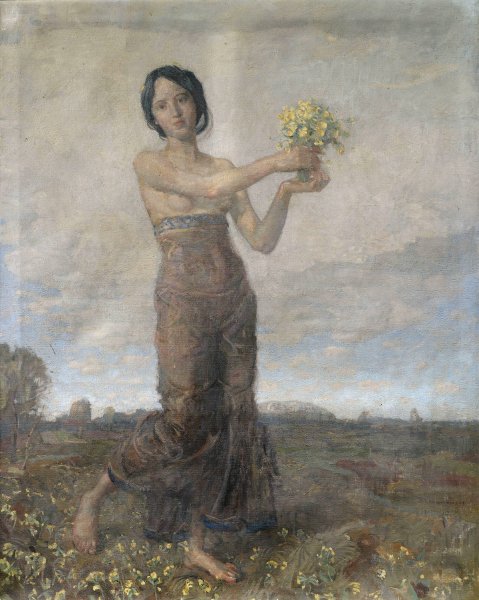 Madchen mit Blumenstraus als Allegorie des Fruhlings  by Christian Landenberger - Hand-Painted Oil Painting Reproduction