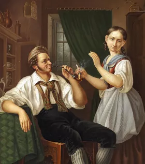 Interior med ungt par by Christian Ludvig Knutzen Oil Painting