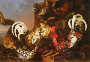 A Farmyard Scene with a Fox Attacking Bantams by Christian Luycks Oil Painting