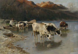 Hirte mit Kuhen am Seeufer by Christian Mali Oil Painting