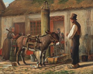 Gardeksterior med figurer og dyr omkring vandtruget by Christian Olavius Zeuthen Oil Painting