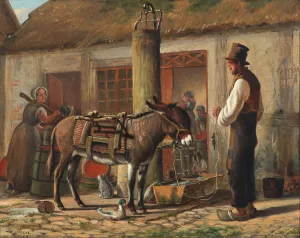 Gardeksterior med figurer og dyr omkring vandtruget by Christian Olavius Zeuthen Oil Painting