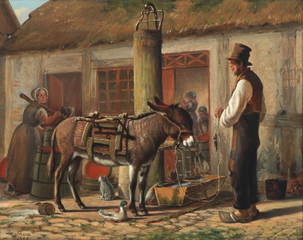 Main Product Photo of Gardeksterior med figurer og dyr omkring vandtruget  Painting by Christian Olavius Zeuthen