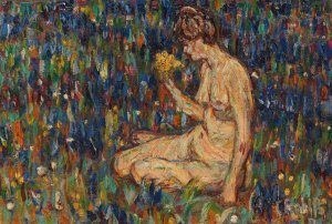 Frauenakt mit gelbem Blumenstraus by Christian Rohlfs Oil Painting