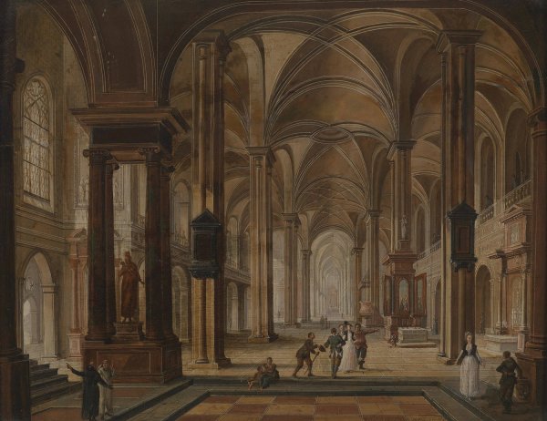 Kircheninterieur mit eleganten Personen by Christian Stocklin - Hand-Painted Oil Painting Reproduction