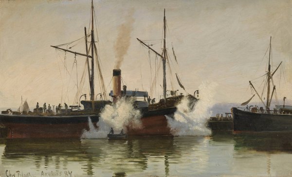 Dampfer im Hafen von Aarhus  by Christian Vigilius Blache - Hand-Painted Oil Painting Reproduction