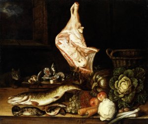 Still Life with a Joint of Veal, Greens and Fish by Christian Von Thum Oil Painting