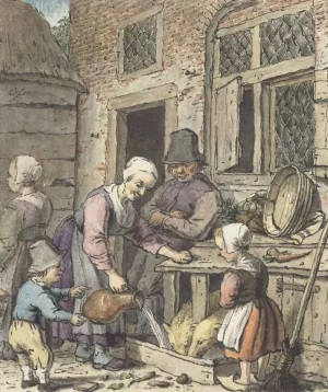 Boerenfamilie bij het voeren van de varkens Oil painting by Christina Chalon
