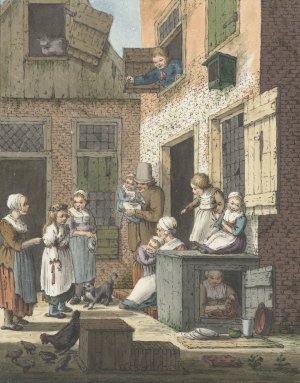 Groep mensen voor de deur van een woning by Christina Chalon Oil Painting