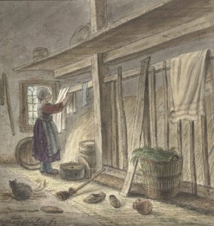Hoekje van een stal met een meisje dat een doek ophangt by Christina Chalon Oil Painting