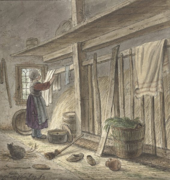 Hoekje van een stal met een meisje dat een doek ophangt  by Christina Chalon - Hand-Painted Oil Painting Reproduction