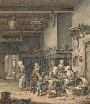 Interieur met boerenfamilie rond tafel by Christina Chalon Oil Painting