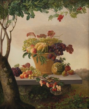 A Basket Of Fruit In A Landscape by Christine Lovmand Oil Painting