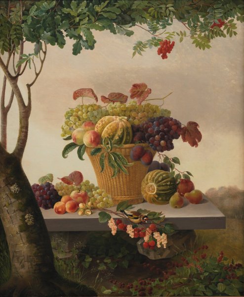 A Basket Of Fruit In A Landscape  by Christine Lovmand - Hand-Painted Oil Painting Reproduction