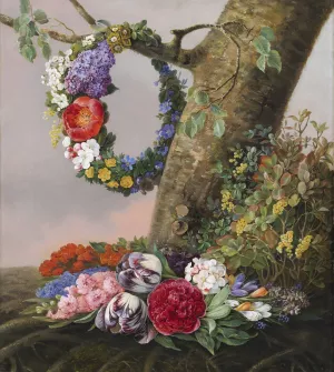 En Buket Blomster Ved Foden Af Et Trae. Pa En Gren Haenger En Blomsterkrans Oil painting by Christine Lovmand