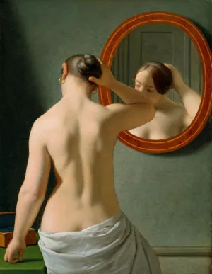 A Nude Woman Doing Her Hair Before A Mirror by Christoffer Wilhelm Eckersberg Oil Painting