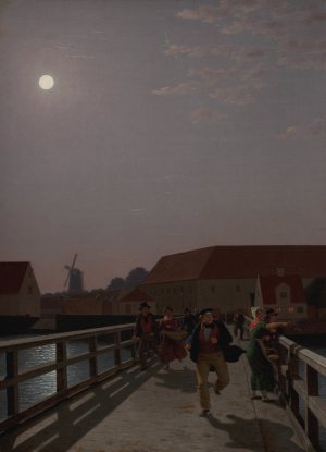 Langebro, Copenhagen, in the Moonlight with Running Figures by Christoffer Wilhelm Eckersberg Oil Painting