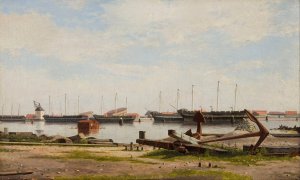 Parti af Nyholm med kranen og nogle krigsskibe by Christoffer Wilhelm Eckersberg Oil Painting