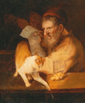An Old Man Holding A Letter, With A Cat On A Ledge by Christoph Paudiss Oil Painting