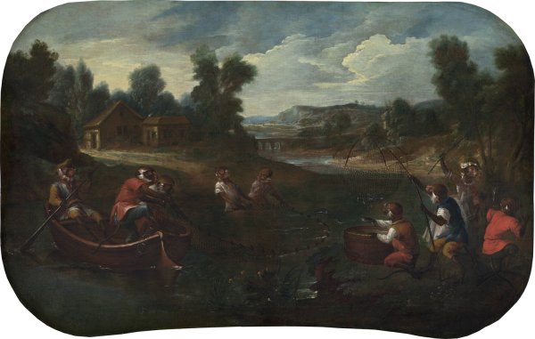 Singerie - The Fishermen  by Christophe Huet - Hand-Painted Oil Painting Reproduction