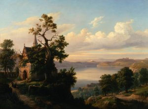Landscape with a lake and a Gothic church by Chrystian Breslauer Oil Painting