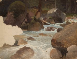 Mountain stream in the forest, sketch by Chrystian Breslauer Oil Painting