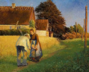 En lille pige hilser pa en hjemvendende hostarbejder by Cilius Andersen Oil Painting