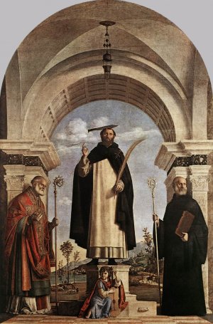 St Peter Martyr with St Nicholas of Bari, St Benedict and an Angel Musician Oil painting by Cima Da Conegliano