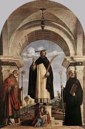 St Peter Martyr with St Nicholas of Bari, St Benedict and an Angel Musician painting by Cima Da Conegliano