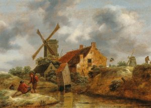 A dune landscape with peasants by a farmhouse and windmills by Claes Molenaer Oil Painting