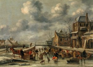A winter landscape with skaters on a frozen river by Claes Molenaer Oil Painting