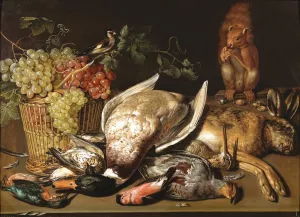 A basket of red and green grapes, a goldfinch, game and a squirrel on a wooden table Oil painting by Clara Peeters