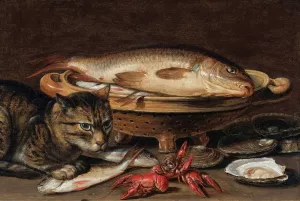 A Still Life With Fish In A Ceramic Collander, Oysters, Langoustines, Mackerel And A Cat On The Ledge Beneath by Clara Peeters Oil Painting