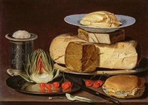 Still Life with Cheeses, Artichoke, and Cherries by Clara Peeters Oil Painting