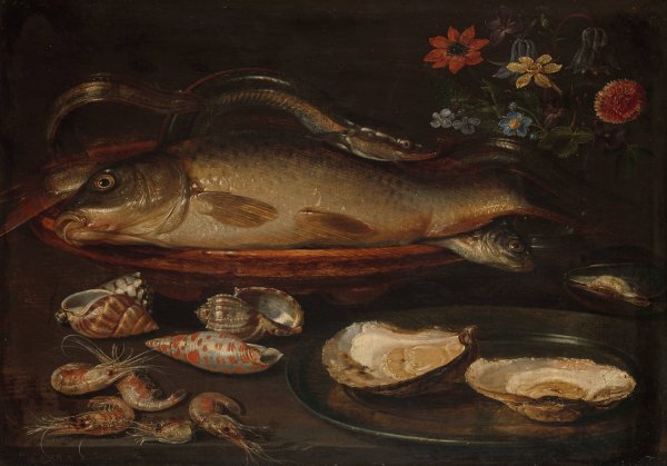 Main Product Photo of Still Life with Fish, Sea Food and Flowers  Painting by Clara Peeters
