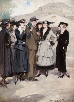 Group of Women and a Man by Clarence F. Underwood Oil Painting