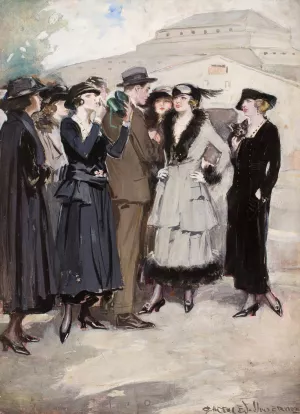 Group of Women and a Man by Clarence F. Underwood Oil Painting
