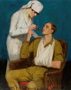 Nurse Lighting a Pipe by Clarence F. Underwood Oil Painting