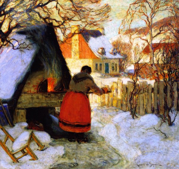 Main Product Photo of Heating the Oven, Winter Scene Painting by Clarence Gagnon