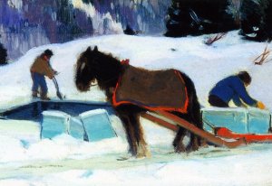 Ice Cutting, Bair-Saint-Paul Oil painting by Clarence Gagnon