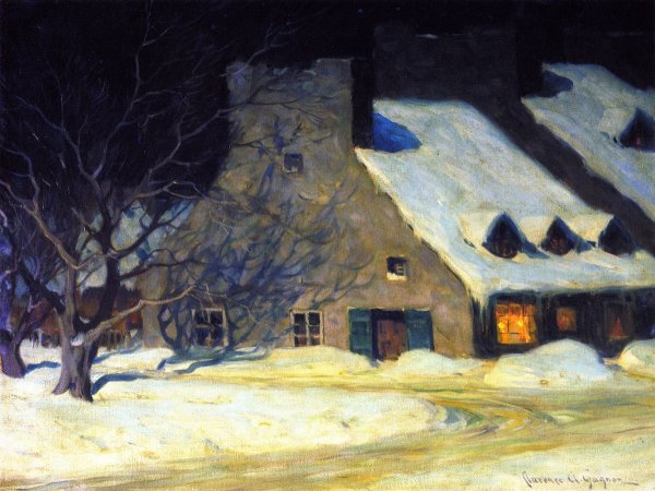 Street Scene, Quebec at Night by Clarence Gagnon - Hand-Painted Oil Painting Reproduction