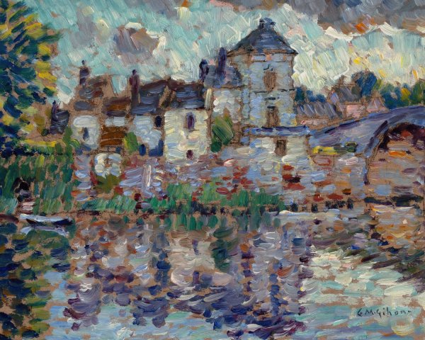 Town Overlooking a Lake by Clarence Montfort Gihon - Hand-Painted Oil Painting Reproduction