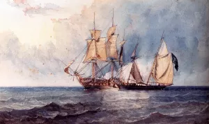 A Man-O-War And Pirate Ship At Full Sail On Open Seas painting by Clarkson Stanfield