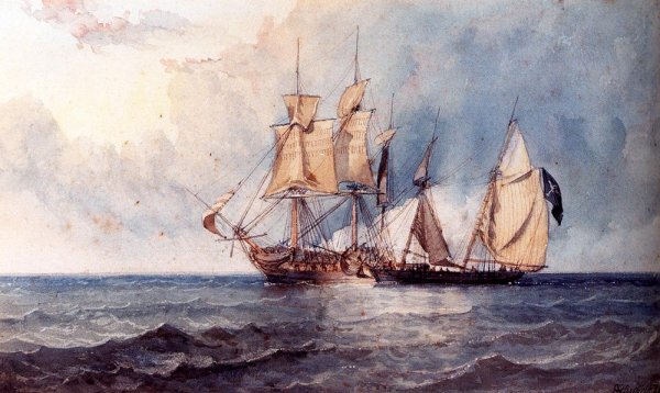 Main Product Photo of A Man-O-War And Pirate Ship At Full Sail On Open Seas Painting by Clarkson Stanfield