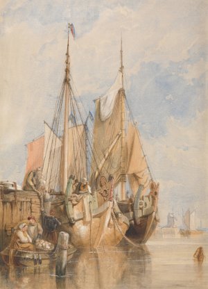 Dutch Fishing Vessels by a Quay by Clarkson Stanfield Oil Painting