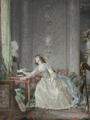 Interior with a Portrait of a Young Lady Before a Bust by Claude Hoin Oil Painting
