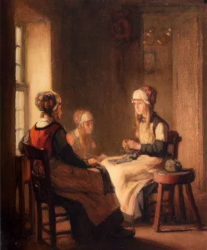 A Interior With Marken Girls Knitting painting by Claude Joseph Bail